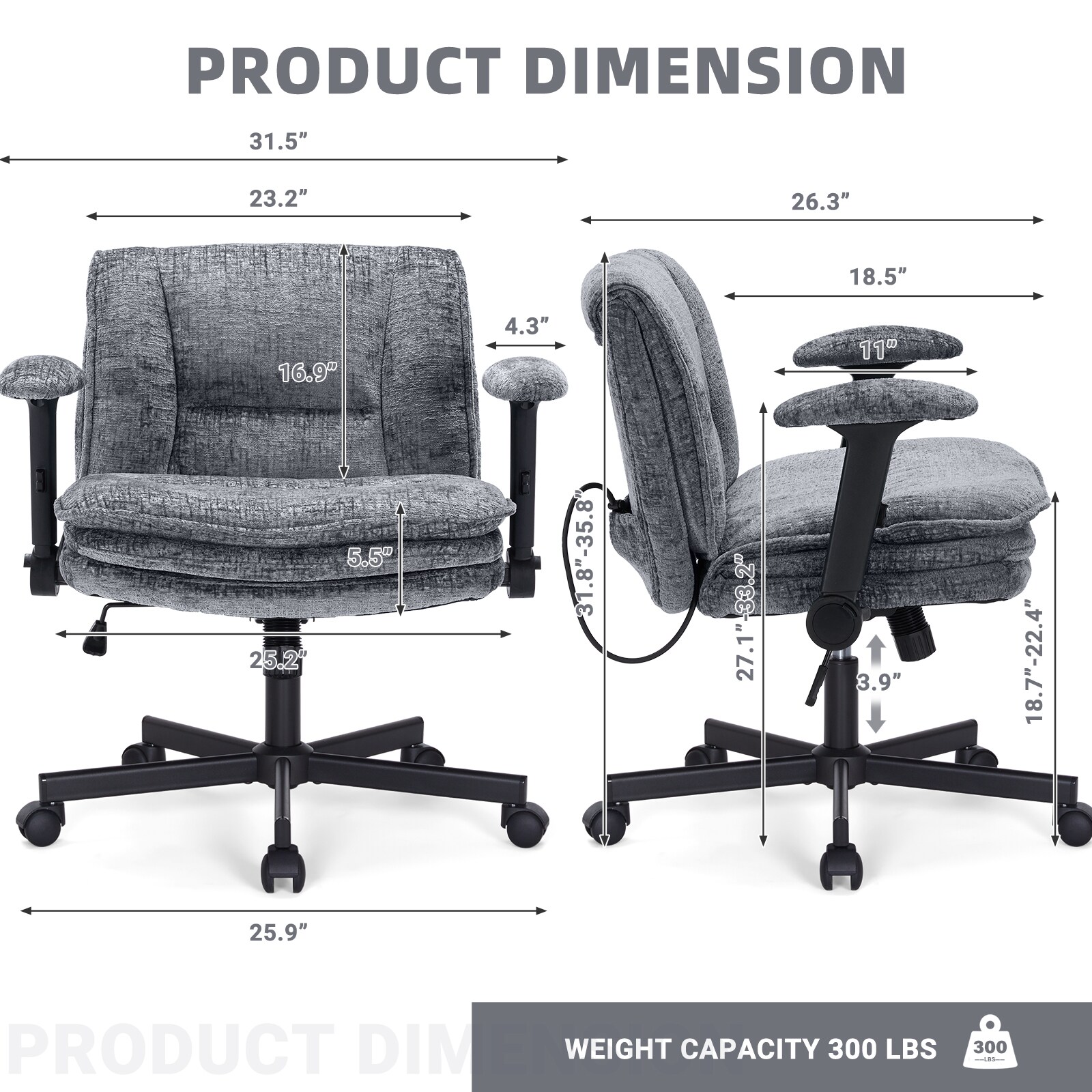 Criss Cross Chair With Wheels And Flip Arms, Upholstered Cross Legged Office Chair With 3 Layer Cushions&Dynamic Airbag Lumbar Support, Wide Seat Comfy Desk Chair For Home Office, Living Room, Grey_maomaolike.com